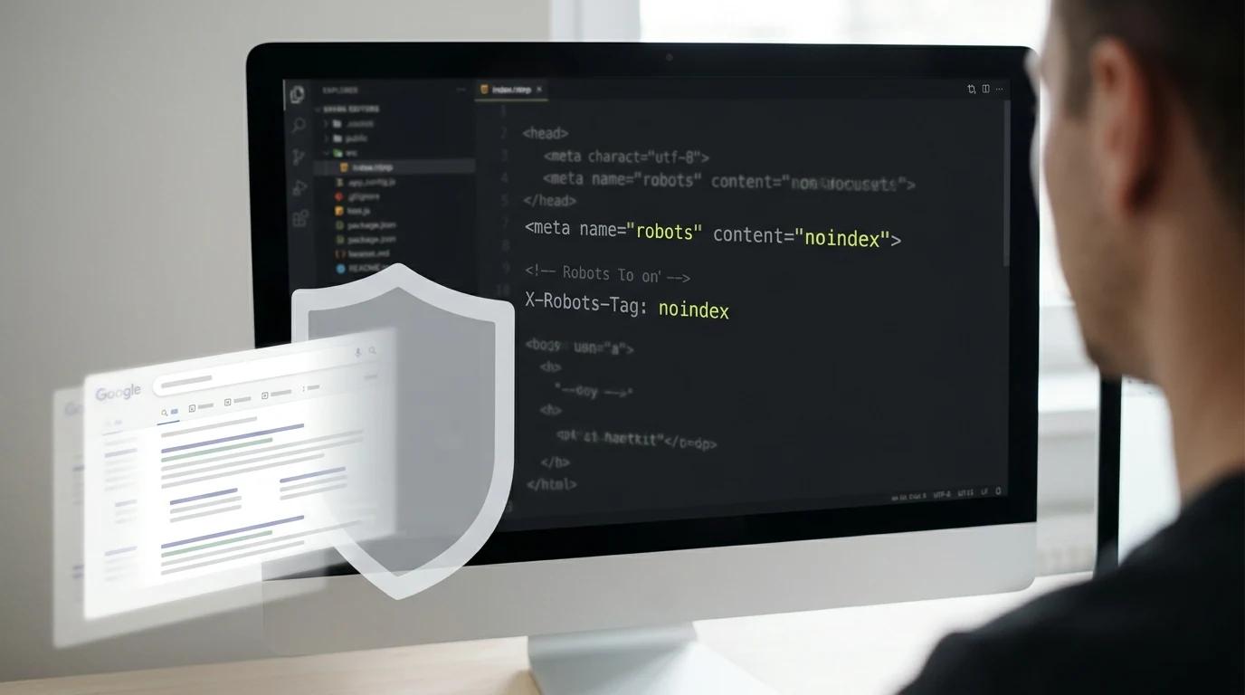 Edytor kodu z nagłówkiem noindex i cyfrową tarczą blokującą indeksowanie stron.