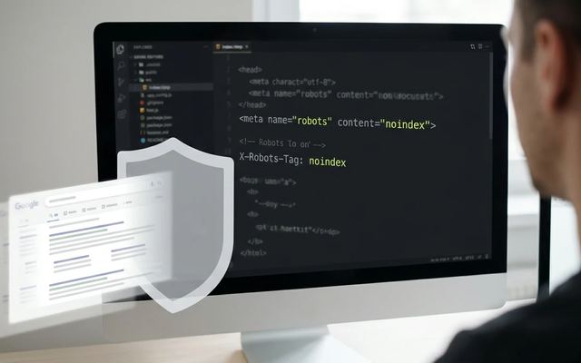 Edytor kodu z nagłówkiem noindex i cyfrową tarczą blokującą indeksowanie stron.