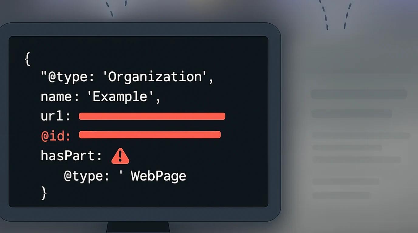 Ekran z kodem danych strukturalnych JSON-LD z błędami semantycznymi i ostrzeżeniami.