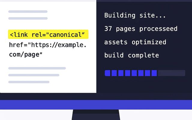 Ekran komputera z kodem źródłowym statycznej strony i tagami canonical oraz terminalem generatora.