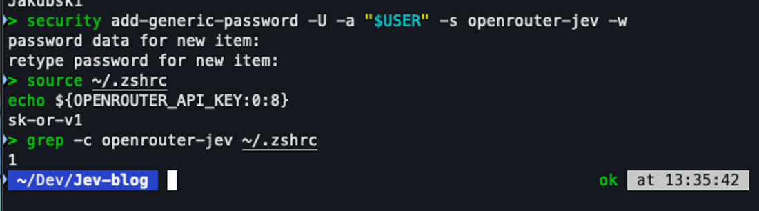 Terminal macOS: klucz OpenRouter zapisany w pęku kluczy i odczytany do zmiennej