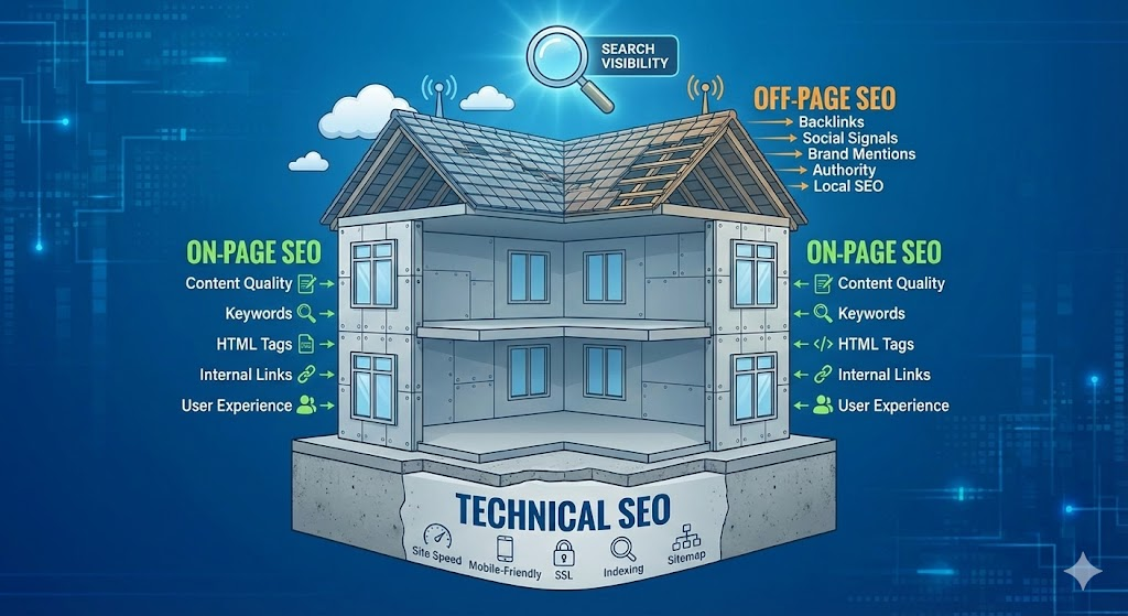 Grafika przedstawiająca strukturę budynku, gdzie fundamentem jest Technical SEO, ścianami On-Page SEO, a dachem Off-Page SEO.