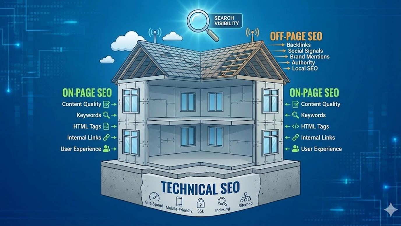 Grafika przedstawiająca strukturę budynku, gdzie fundamentem jest Technical SEO, ścianami On-Page SEO, a dachem Off-Page SEO.