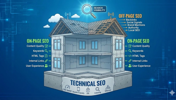 Grafika przedstawiająca strukturę budynku, gdzie fundamentem jest Technical SEO, ścianami On-Page SEO, a dachem Off-Page SEO.