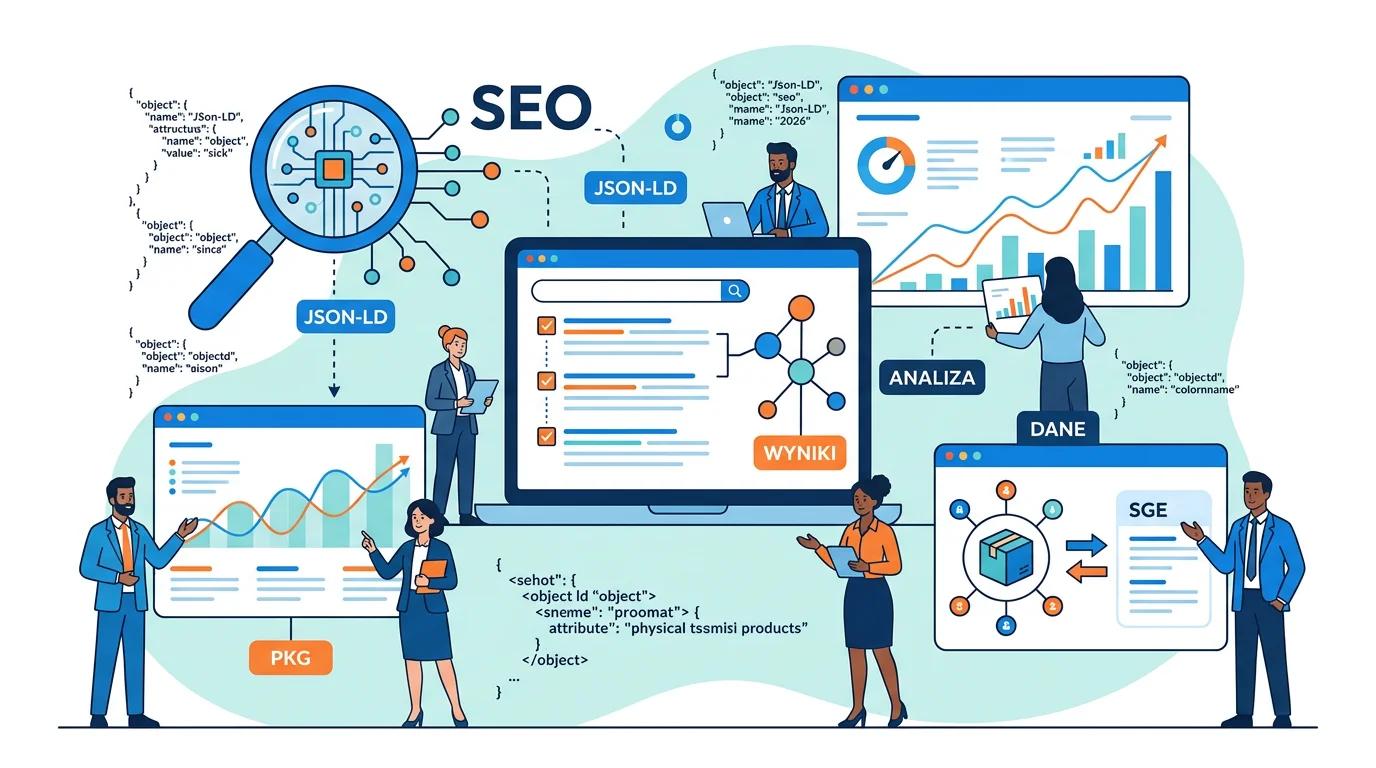 Ilustracja wektorowa prezentująca fragmenty rozszerzone (rich snippets) w 2026 roku jako interfejs API dla AI. Zawiera elementy takie jak la