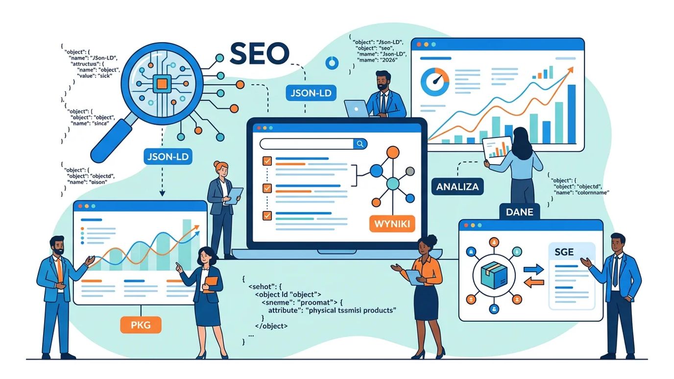 Ilustracja wektorowa prezentująca fragmenty rozszerzone (rich snippets) w 2026 roku jako interfejs API dla AI. Zawiera elementy takie jak la