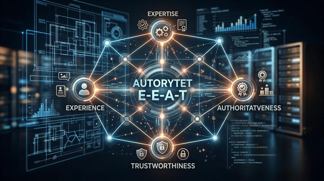 Ilustracja koncepcji E-E-A-T: Doświadczenie, Ekspertyza, Autorytet, Wiarygodność w kontekście SEO. Grafika przedstawia powiązane węzły danyc