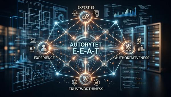 Ilustracja koncepcji E-E-A-T: Doświadczenie, Ekspertyza, Autorytet, Wiarygodność w kontekście SEO. Grafika przedstawia powiązane węzły danyc