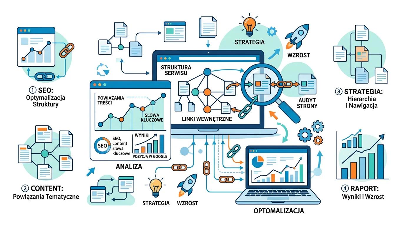 Ilustracja wektorowa przedstawiająca strategię linkowania wewnętrznego z ikonami laptopów, lupy analizującej dane, wykresów i połączonych wę