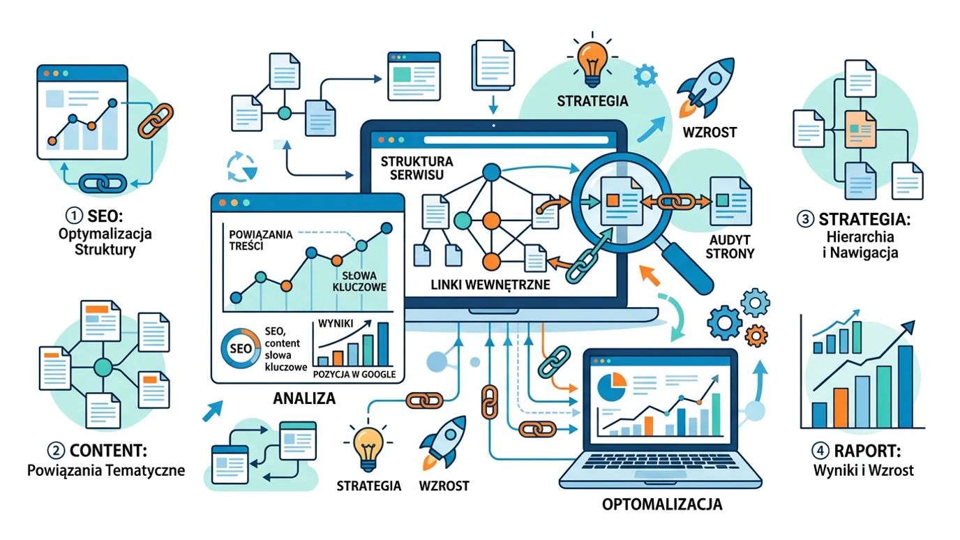 Ilustracja wektorowa przedstawiająca strategię linkowania wewnętrznego z ikonami laptopów, lupy analizującej dane, wykresów i połączonych wę