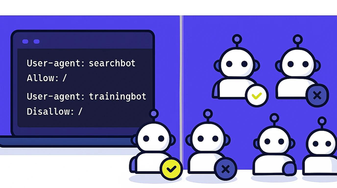 Edytor kodu z plikiem robots.txt na ekranie i miniaturowe roboty podzielone na grupy przez barierę.