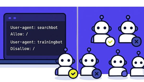 Edytor kodu z plikiem robots.txt na ekranie i miniaturowe roboty podzielone na grupy przez barierę.