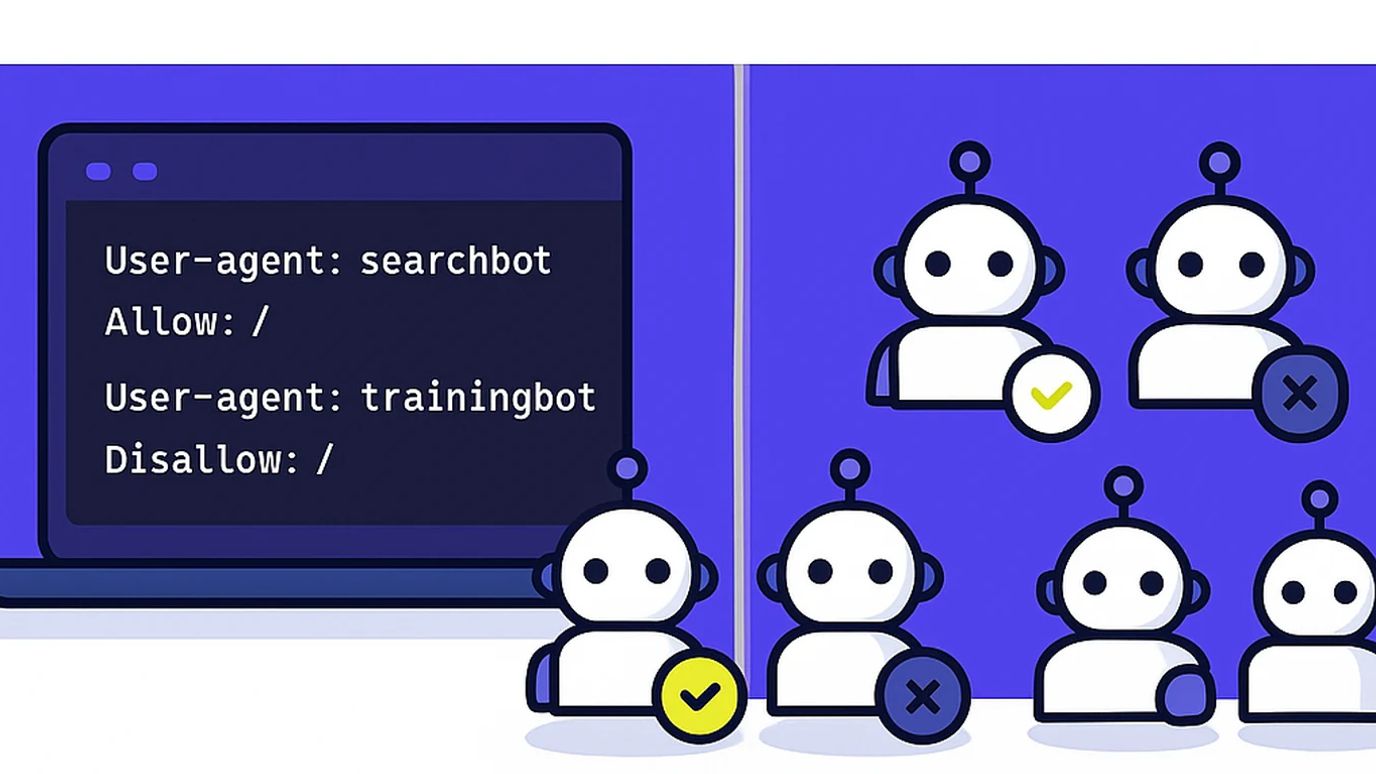 Edytor kodu z plikiem robots.txt na ekranie i miniaturowe roboty podzielone na grupy przez barierę.