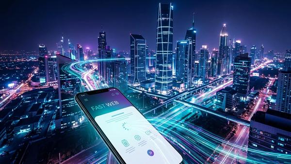 Abstrakcyjna ilustracja przedstawiająca miasto przyszłości zdominowane przez smartfon, symbolizujące indeksowanie Mobile First Indexing.