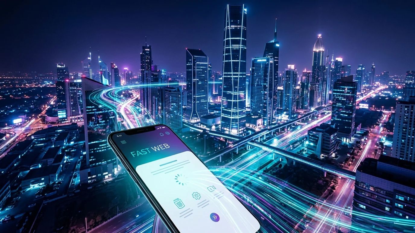 Abstrakcyjna ilustracja przedstawiająca miasto przyszłości zdominowane przez smartfon, symbolizujące indeksowanie Mobile First Indexing.