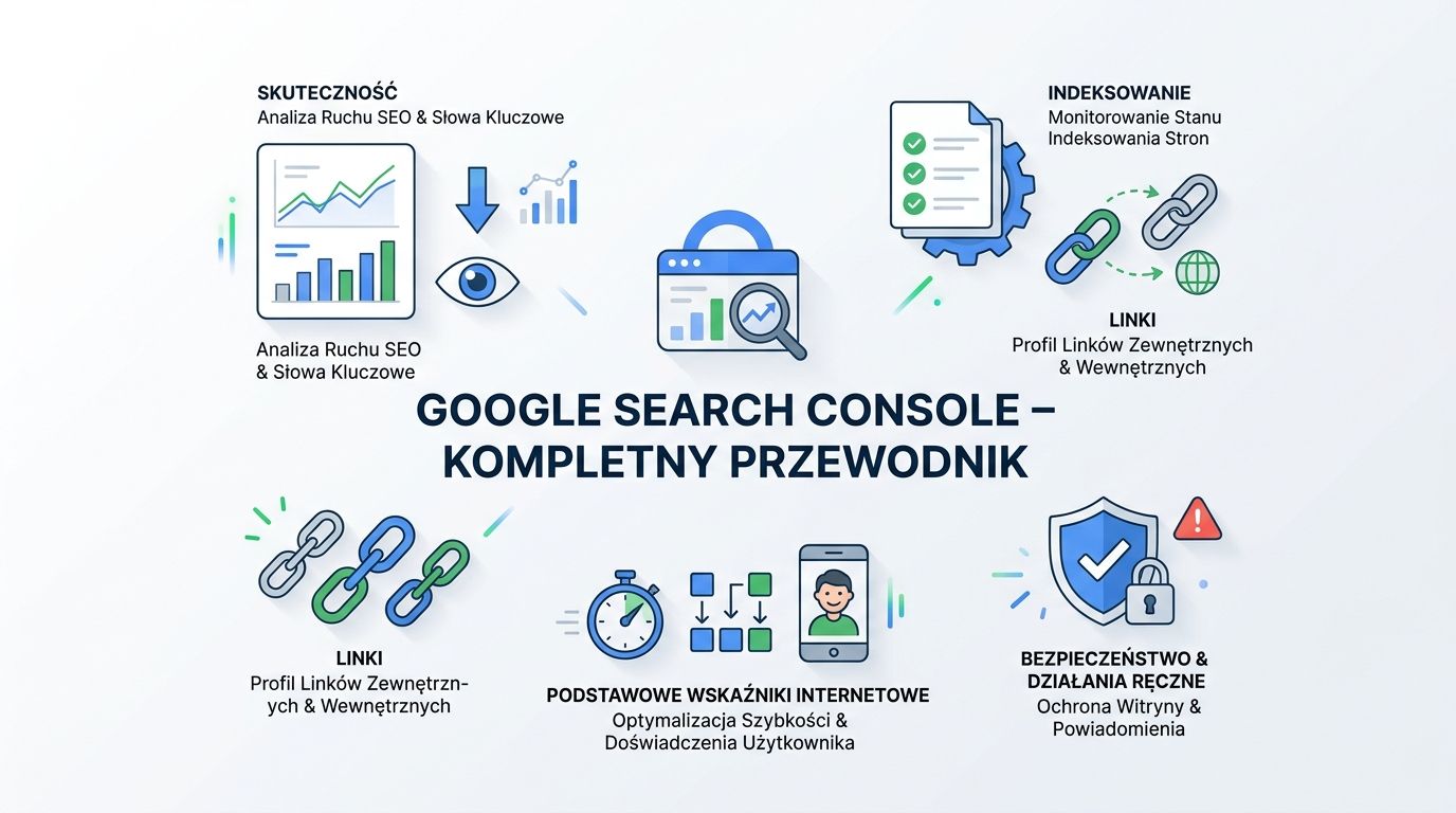 Infografika Google Search Console z kluczowymi funkcjami i analityką SEO.