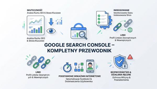Infografika Google Search Console z kluczowymi funkcjami i analityką SEO.