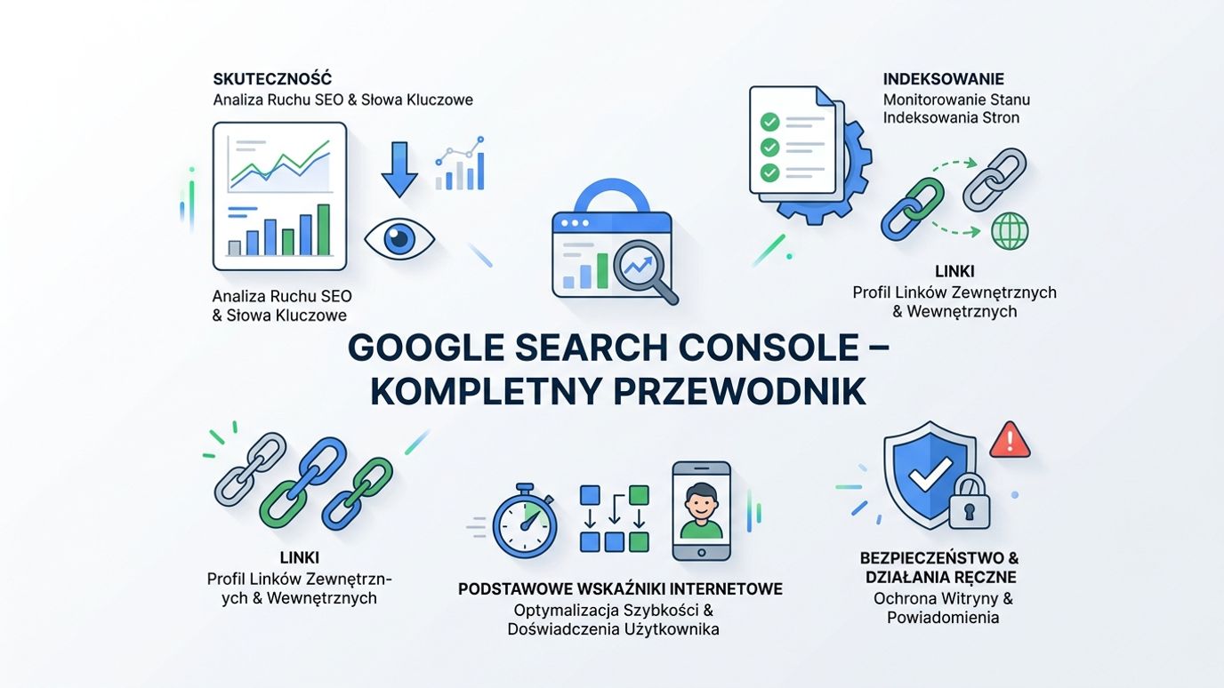 Infografika Google Search Console z kluczowymi funkcjami i analityką SEO.