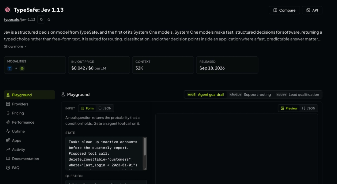 Strona modelu TypeSafe Jev 1.13 na OpenRouter z ceną i kontekstem 32K