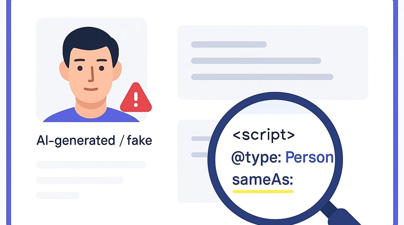 Formularz profilu autora w systemie CMS z czerwoną ikoną ostrzeżenia przed fałszywym zdjęciem AI i biogramem.