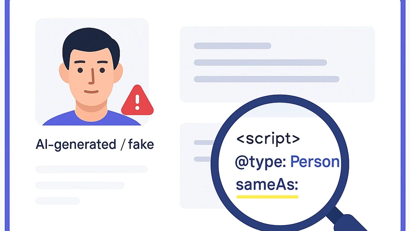 Formularz profilu autora w systemie CMS z czerwoną ikoną ostrzeżenia przed fałszywym zdjęciem AI i biogramem.