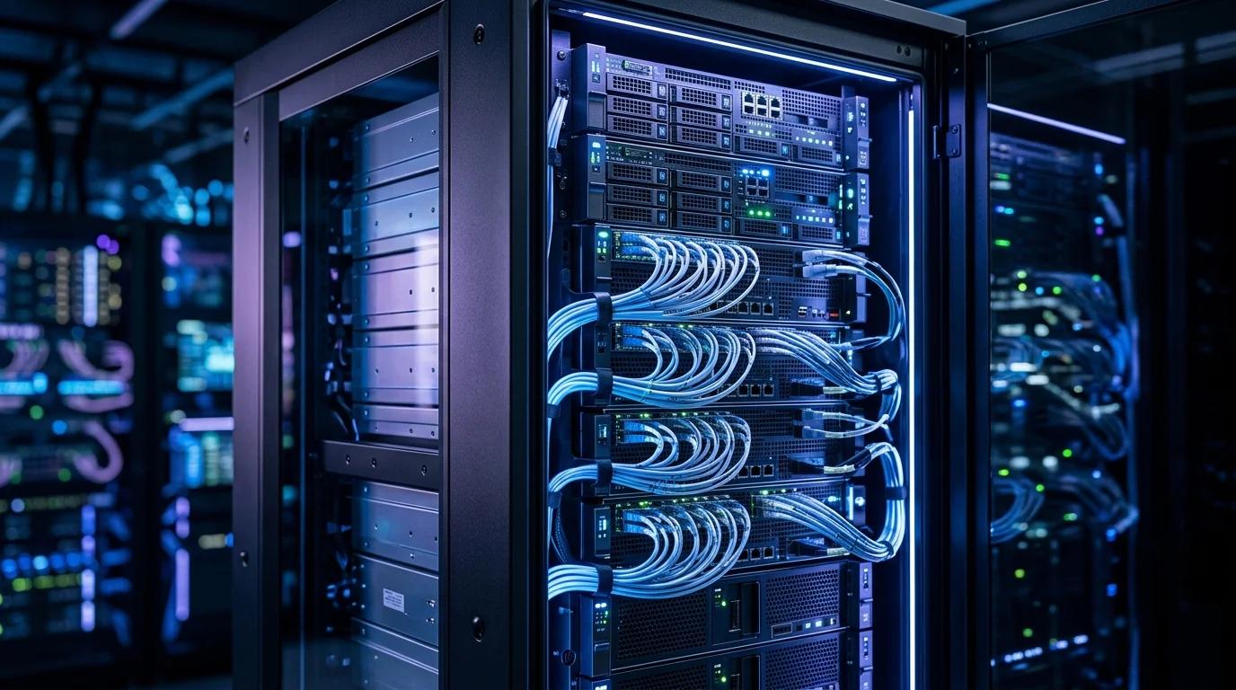 Futuristic server rack with glowing cables representing secure data management via llms.txt in a Next.js environment.