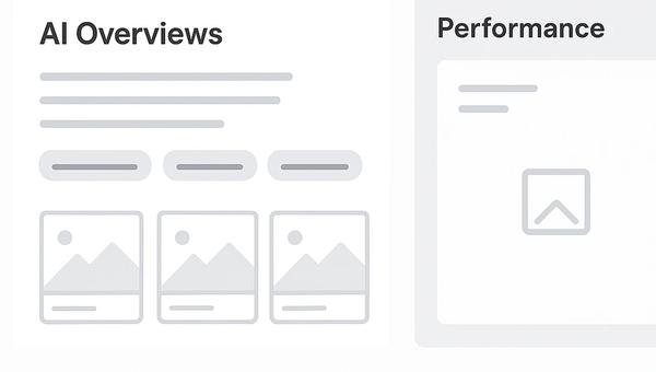 Ekran wyszukiwarki z nowymi linkami w AI Overviews i wykresem bez danych w Search Console.