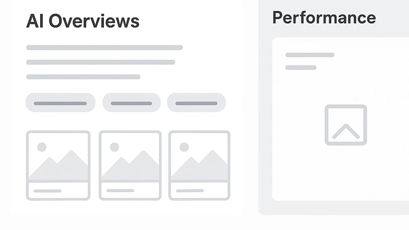 Ekran wyszukiwarki z nowymi linkami w AI Overviews i wykresem bez danych w Search Console.