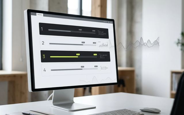 Panel diagnostyczny z czterema warstwami widoczności marki w wyszukiwarkach AI na ekranie komputera.