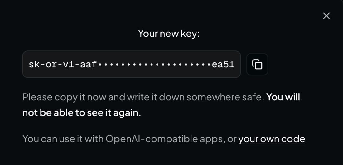 Nowy klucz API OpenRouter widoczny tylko raz po utworzeniu