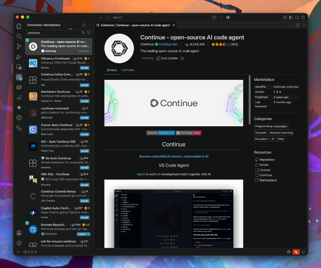 Instalacja rozszerzenia Continue w Visual Studio Code