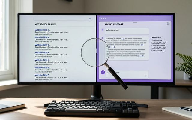 Porównanie klasycznych wyników wyszukiwania SEO z odpowiedziami generowanymi przez AI.