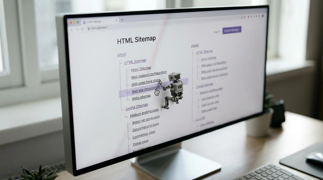 Ekran komputera pokazujący mapę witryny w formacie HTML z uporządkowanymi linkami i botem indeksującym.