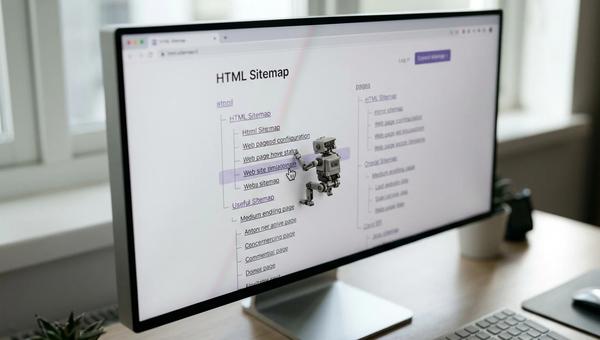 Ekran komputera pokazujący mapę witryny w formacie HTML z uporządkowanymi linkami i botem indeksującym.