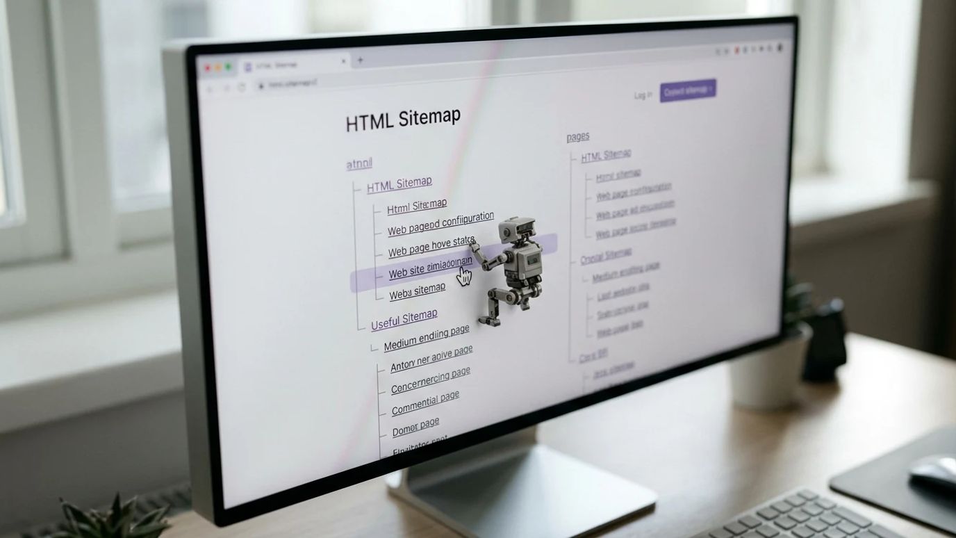 Ekran komputera pokazujący mapę witryny w formacie HTML z uporządkowanymi linkami i botem indeksującym.