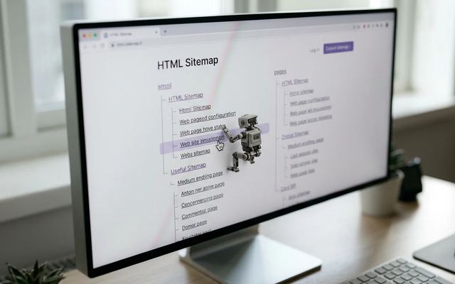 Ekran komputera pokazujący mapę witryny w formacie HTML z uporządkowanymi linkami i botem indeksującym.