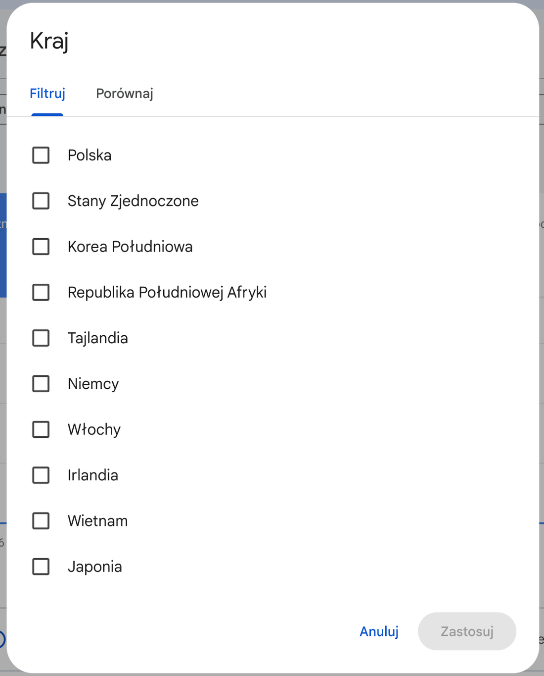 Okno wyboru kraju w Google Search Console z widocznymi checkboxami obok nazw państw takich jak Polska czy Niemcy.