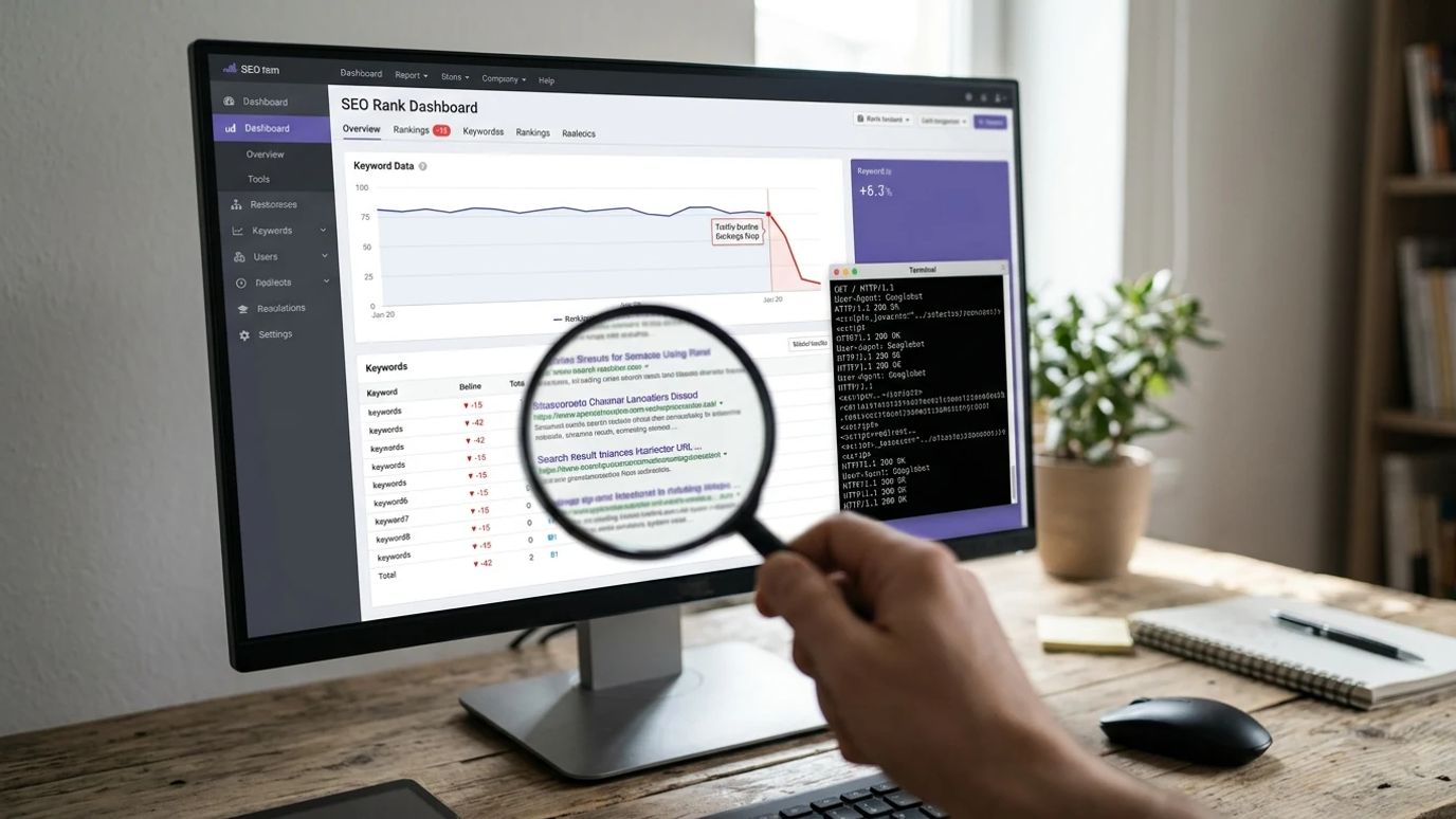 Ekran rank trackera z fałszywym spadkiem pozycji i analizą zatrutych danych SERP od Google.