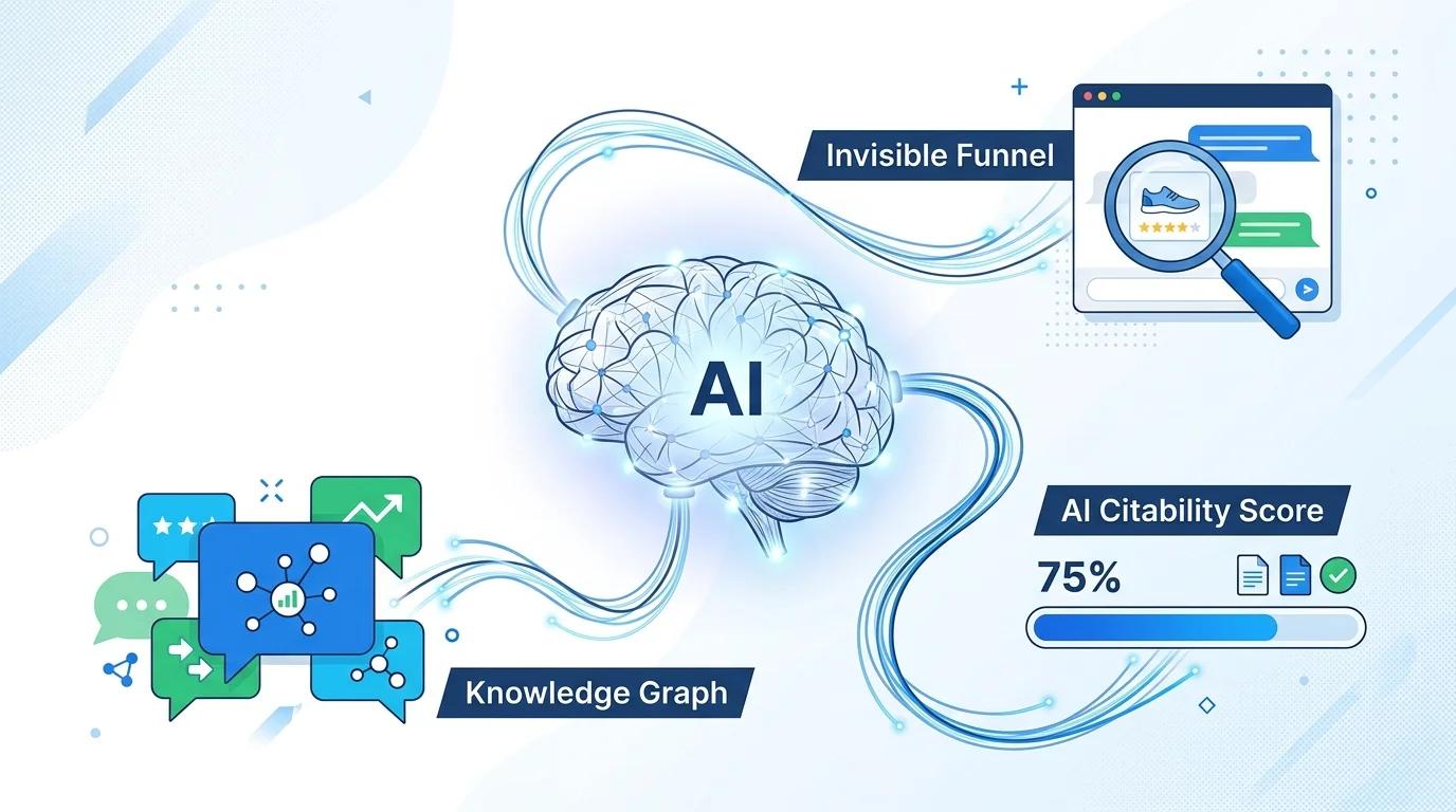 Ilustracja koncepcyjna przedstawiająca wpływ AI na SEO: mózg AI, 'Invisible Funnel', 'AI Citability Score', 'Knowledge Graph'.