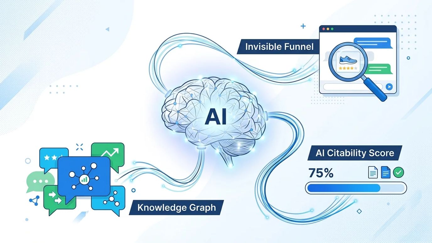 Ilustracja koncepcyjna przedstawiająca wpływ AI na SEO: mózg AI, 'Invisible Funnel', 'AI Citability Score', 'Knowledge Graph'.