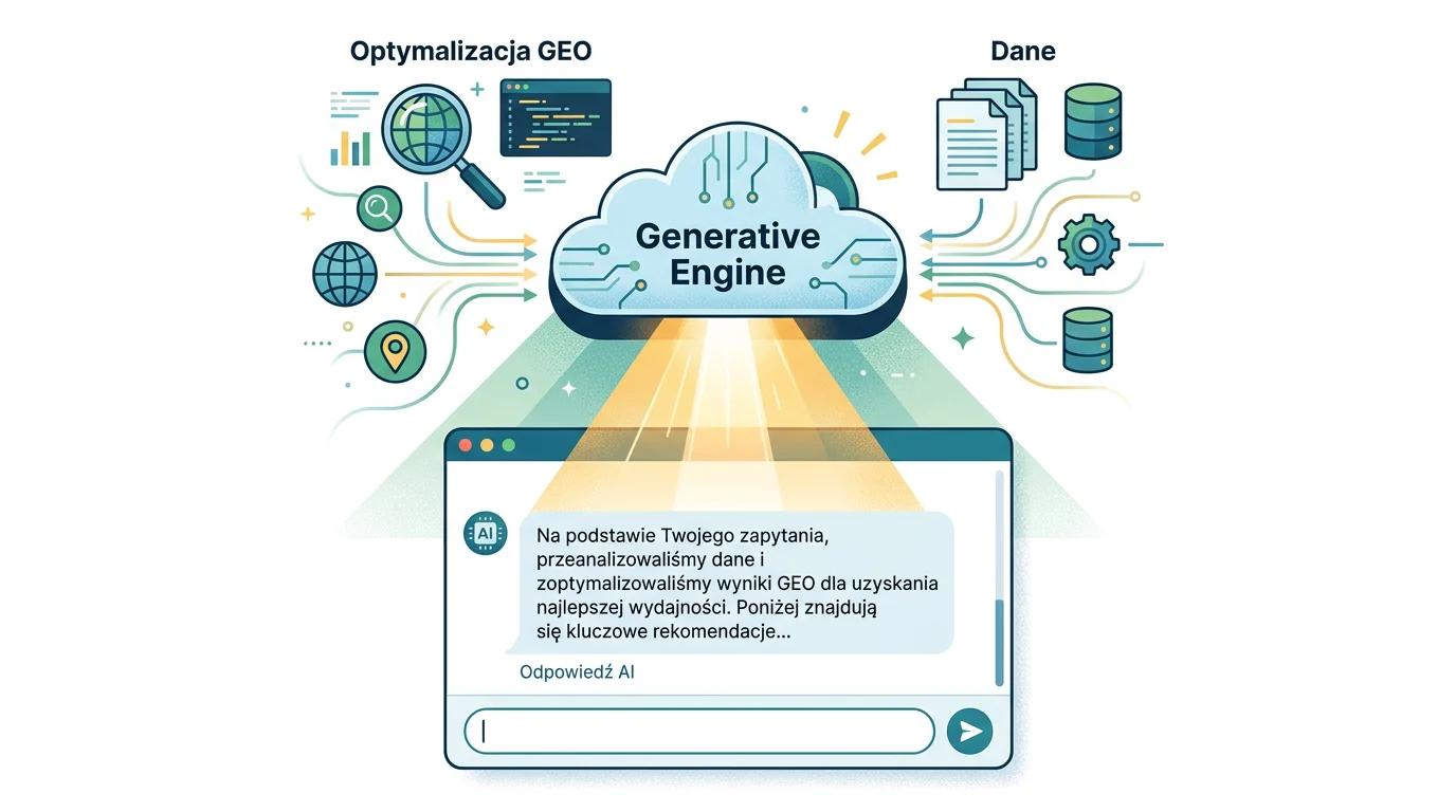Ilustracja koncepcji optymalizacji treści dla silników generatywnych (GEO). Chmura 'Generative Engine' przetwarza dane w odpowiedź AI.