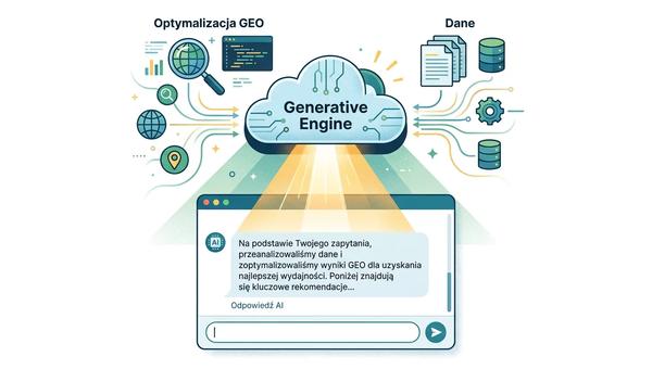 Ilustracja koncepcji optymalizacji treści dla silników generatywnych (GEO). Chmura 'Generative Engine' przetwarza dane w odpowiedź AI.