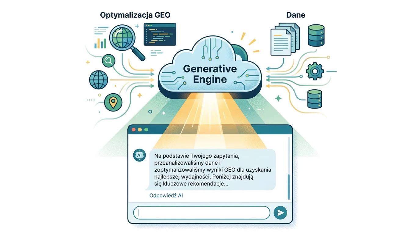 Ilustracja koncepcji optymalizacji treści dla silników generatywnych (GEO). Chmura 'Generative Engine' przetwarza dane w odpowiedź AI.