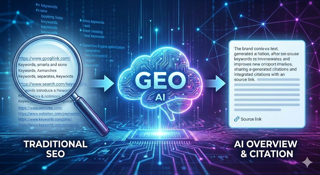 Schemat przedstawiający ewolucję od tradycyjnego SEO do Generative Engine Optimization (GEO) z wykorzystaniem sztucznej inteligencji.