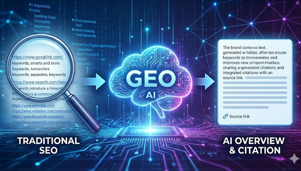 Schemat przedstawiający ewolucję od tradycyjnego SEO do Generative Engine Optimization (GEO) z wykorzystaniem sztucznej inteligencji.