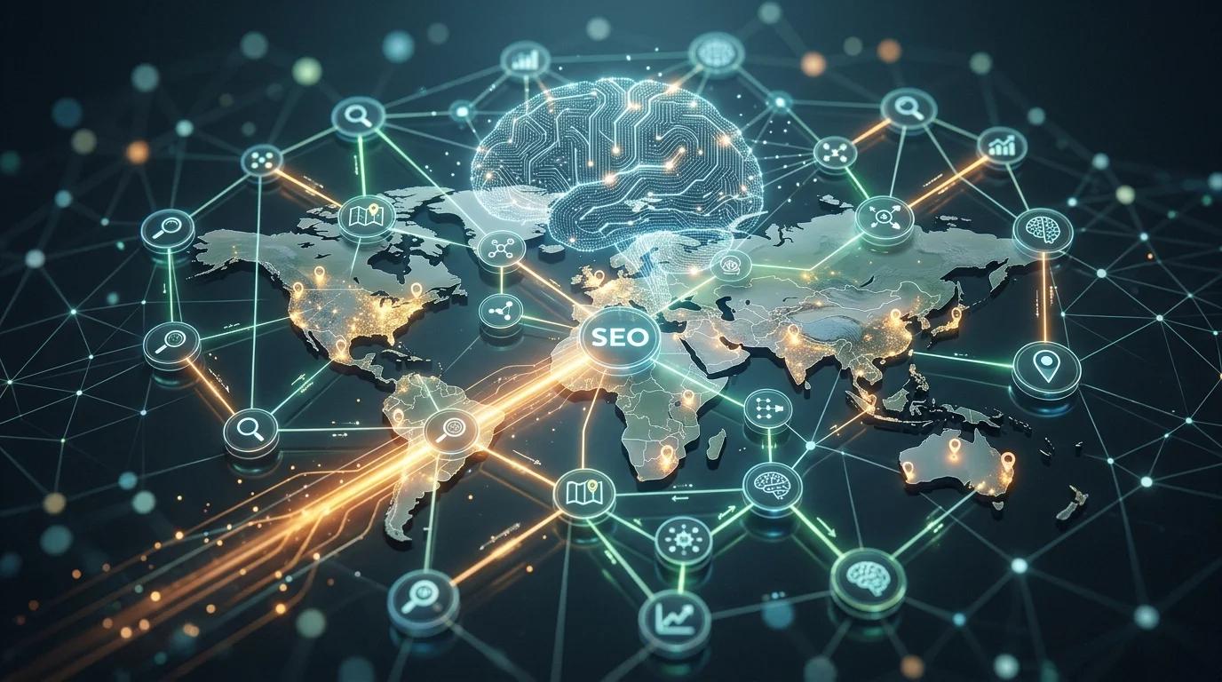 Ilustracja przedstawia nowoczesną strategię SEO: powiązane encje, optymalizację GEO i sztuczną inteligencję. Koncepcja obniżania kosztu pozy