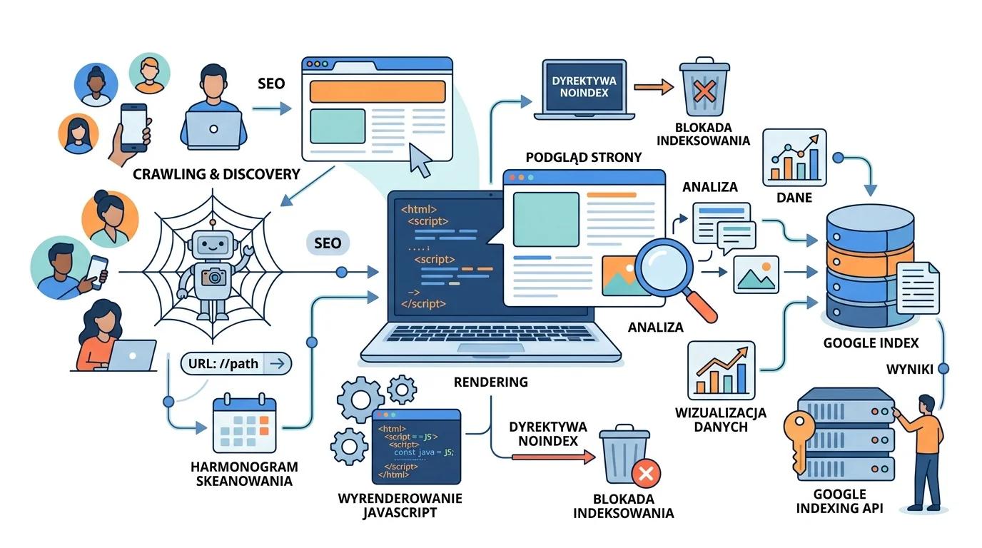 Ilustracja przedstawia proces indeksowania stron w Google w 2026 roku. Zawiera etykiety 'SEO', 'ANALIZA', 'DANE', 'WYNIKI' i ikony laptopów,