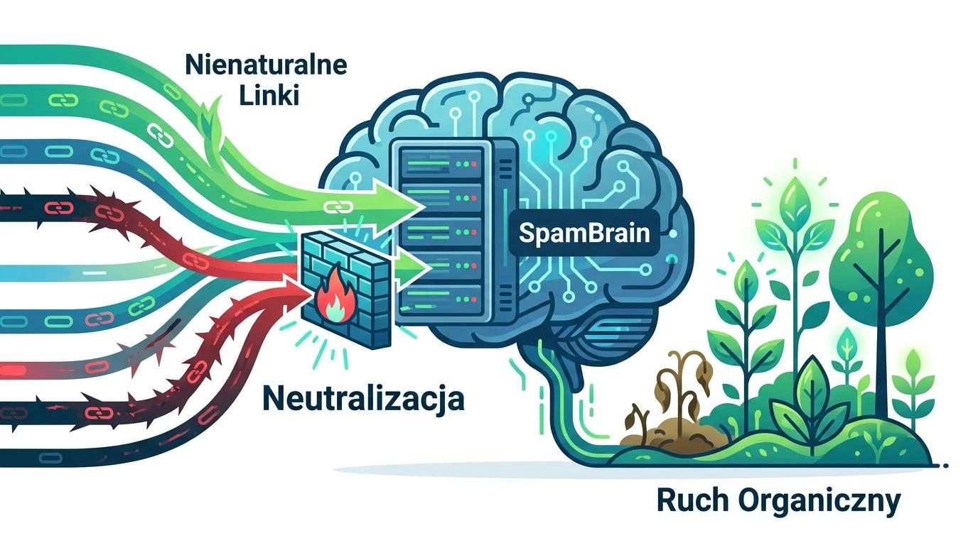 Ilustracja przedstawiająca SpamBrain neutralizujący nienaturalne linki wpływające na wyniki organiczne.