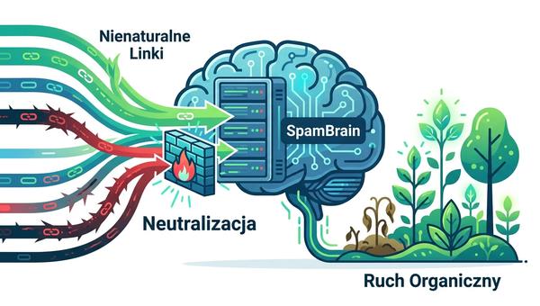 Ilustracja przedstawiająca SpamBrain neutralizujący nienaturalne linki wpływające na wyniki organiczne.