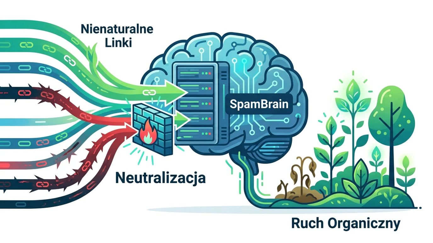 Ilustracja przedstawiająca SpamBrain neutralizujący nienaturalne linki wpływające na wyniki organiczne.